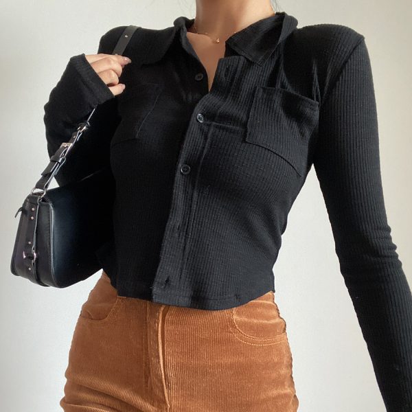 Slim-Fit Minimalist Lapel Long Sleeve T-Shirt - Solid Color, Pocket Detail, Sexy European American Style Top