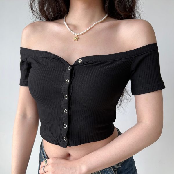 Slim Fit One-Shoulder Ribbed Crop Top T-Shirt for Women - European American Style, Short Sleeve, High Waist, Stretchy Fashion Top