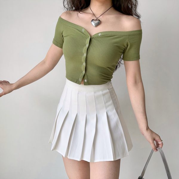 Slim Fit One-Shoulder Ribbed Crop Top T-Shirt for Women - European American Style, Short Sleeve, High Waist, Stretchy Fashion Top