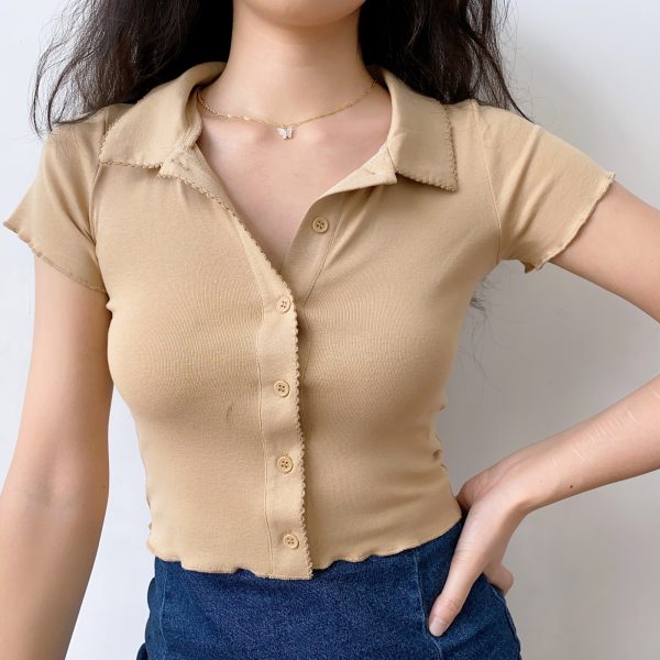 Slim-Fit Polo Collar Knitted Short-Sleeve T-Shirt for Women with Lace Cardigan - European American Minimalist Style