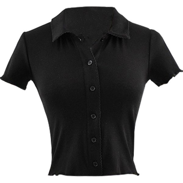 Slim-Fit Polo Collar Knitted Short-Sleeve T-Shirt for Women with Lace Cardigan - European American Minimalist Style