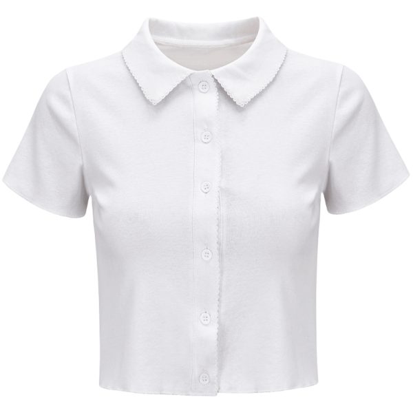 Slim-Fit Polo Collar Knitted Short-Sleeve T-Shirt for Women with Lace Cardigan - European American Minimalist Style