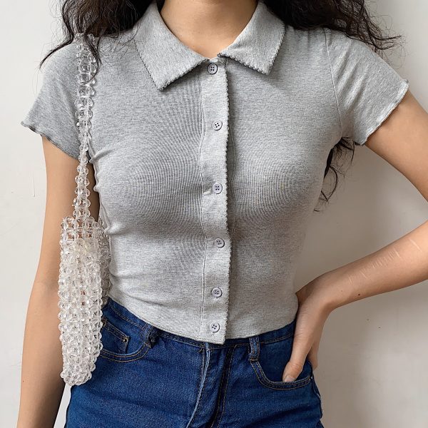 Slim-Fit Polo Collar Knitted Short-Sleeve T-Shirt for Women with Lace Cardigan - European American Minimalist Style