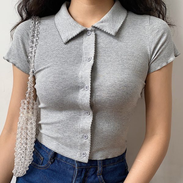 Slim-Fit Polo Collar Knitted Short-Sleeve T-Shirt for Women with Lace Cardigan - European American Minimalist Style