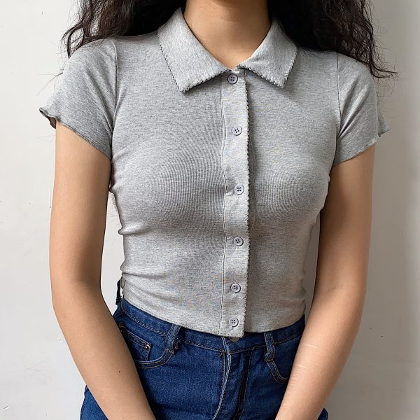 Slim-Fit Polo Collar Knitted Short-Sleeve T-Shirt for Women with Lace Cardigan - European American Minimalist Style