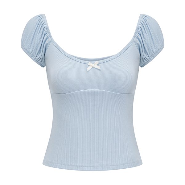 Slim Fit Puff Sleeve Bowknot T-shirt for Women - European American Style Ribbed Short Sleeve Round Neck Top - Summer Fashion