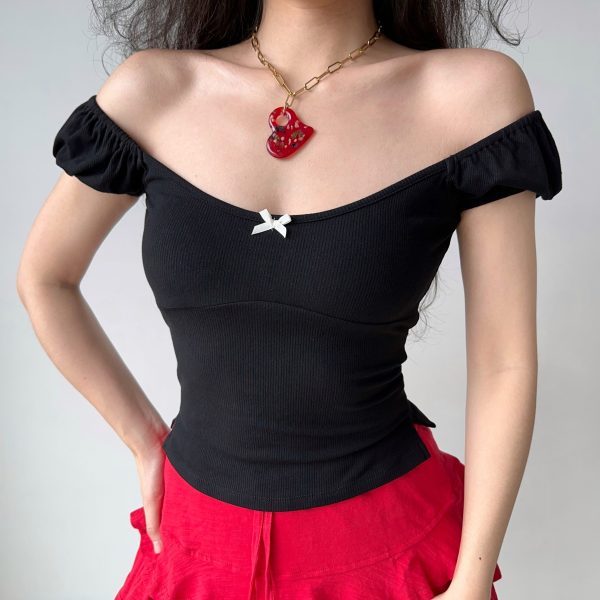 Slim Fit Puff Sleeve Bowknot T-shirt for Women - European American Style Ribbed Short Sleeve Round Neck Top - Summer Fashion