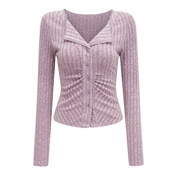 Slim Fit Retro Ribbed Long Sleeve Knitted Cardigan for Women - European and American Style, Flattering Stretchy Top