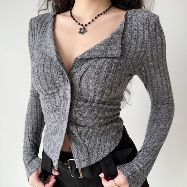 Slim Fit Retro Ribbed Long Sleeve Knitted Cardigan for Women - European and American Style, Flattering Stretchy Top