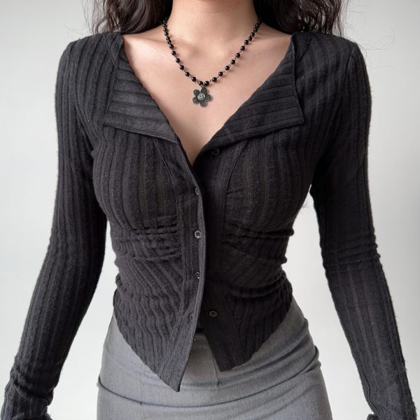 Slim Fit Retro Ribbed Long Sleeve Knitted Cardigan for Women - European and American Style, Flattering Stretchy Top