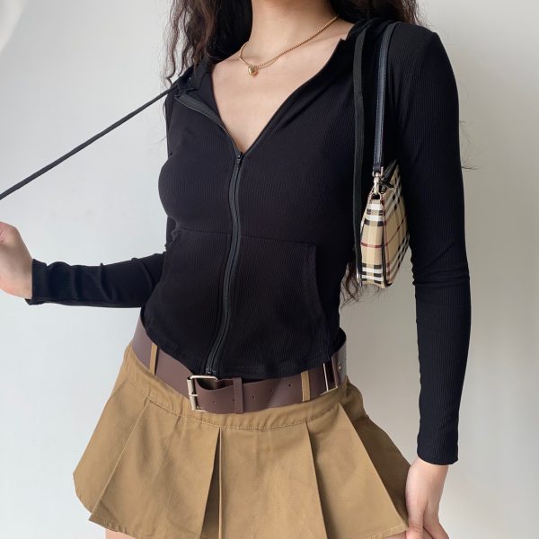 Slim Fit Ribbed Hooded Long Sleeve Cardigan Jacket - European American Minimalist Women's Short Top 90s Y2K Fashion