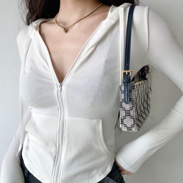 Slim Fit Ribbed Hooded Long Sleeve Cardigan Jacket - European American Minimalist Women's Short Top 90s Y2K Fashion