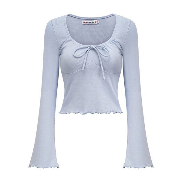 Slim Fit U-Neck Long Sleeve Ballet Style T-Shirt for Women - European & American Fashion, Flared Sleeves, Trendy Y2K Design