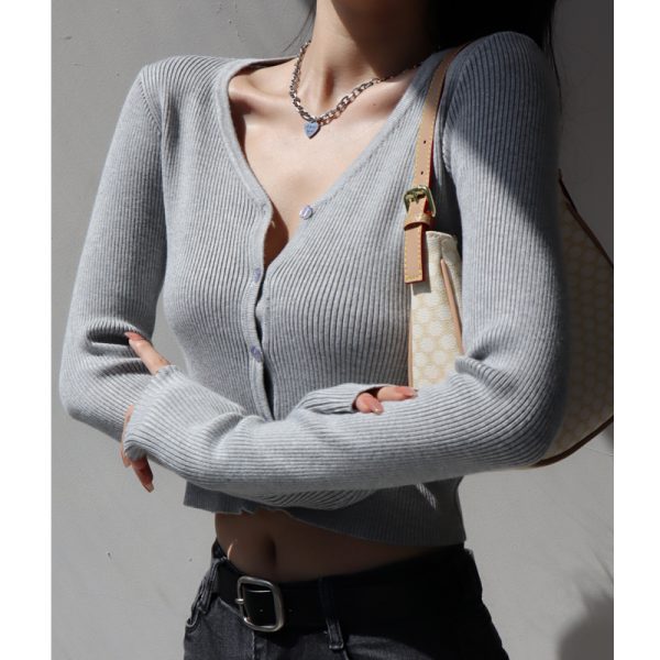 Slim Fit V-Neck Knitted Top for Women, High-Waisted Short Long Sleeve Buttoned Cardigan, American Style Layering Essential