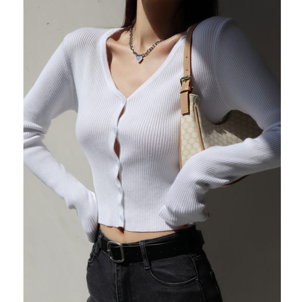 Slim Fit V-Neck Knitted Top for Women, High-Waisted Short Long Sleeve Buttoned Cardigan, American Style Layering Essential