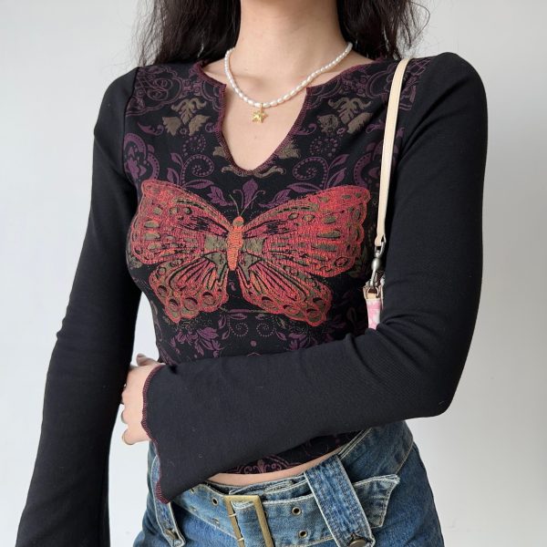 Slim Fit V-Neck Long Sleeve T-Shirt with Butterfly Print â€“ Retro European and American Style Women's Top