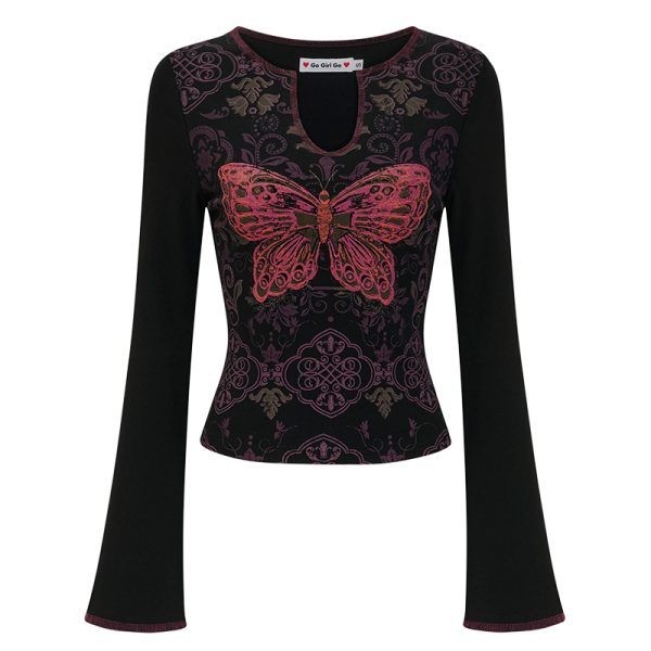 Slim Fit V-Neck Long Sleeve T-Shirt with Butterfly Print â€“ Retro European and American Style Women's Top