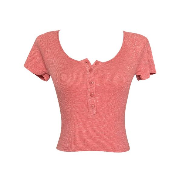Slim-Fit White Knitted T-Shirt for Women, Short Sleeve with Button Detail, French Style, Chest-Highlighting Design