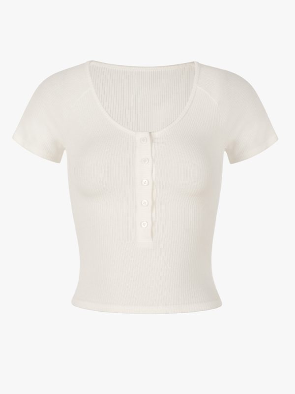 Slim-Fit White Knitted T-Shirt for Women, Short Sleeve with Button Detail, French Style, Chest-Highlighting Design