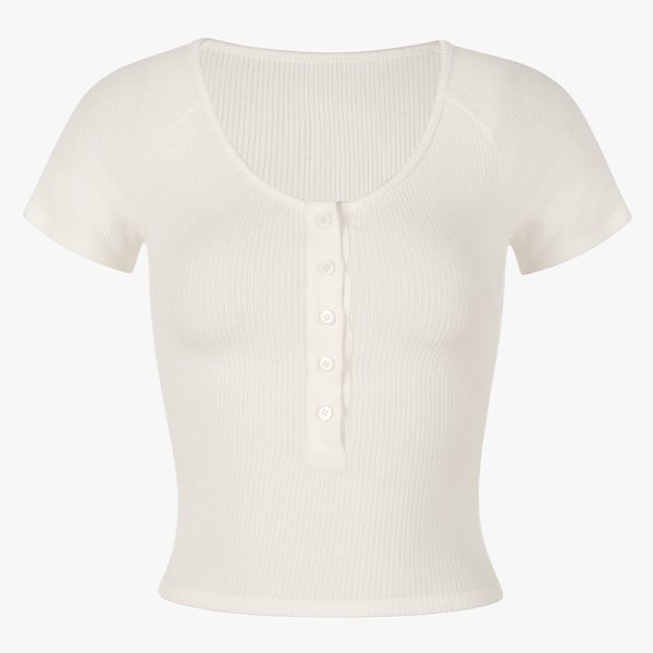 Slim-Fit White Knitted T-Shirt for Women, Short Sleeve with Button Detail, French Style, Chest-Highlighting Design