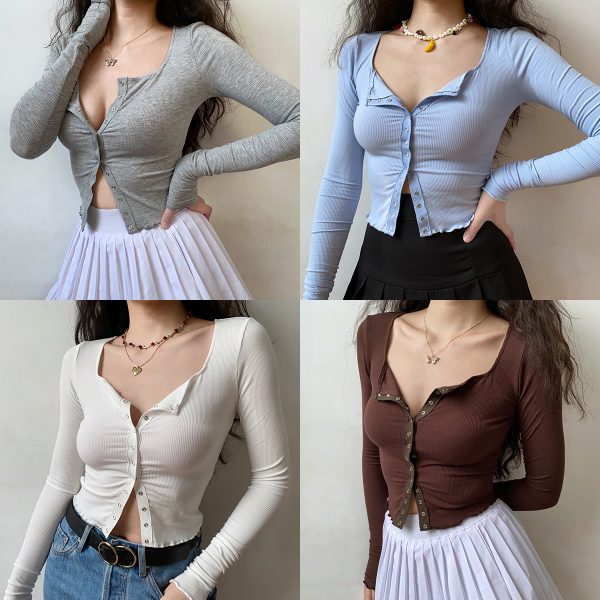 Slimming Ribbed Long Sleeve T-shirt for Women - Winter Thin Base Layer Short Top - Casual 90s Style
