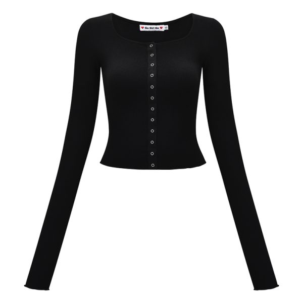 Slimming Ribbed Long Sleeve T-shirt for Women - Winter Thin Base Layer Short Top - Casual 90s Style