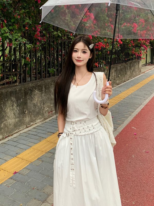 Slimming Studded Waist Belt Dress for Women - White Sleeveless Tank Dress with Long Skirt - Elegant Temperament Style