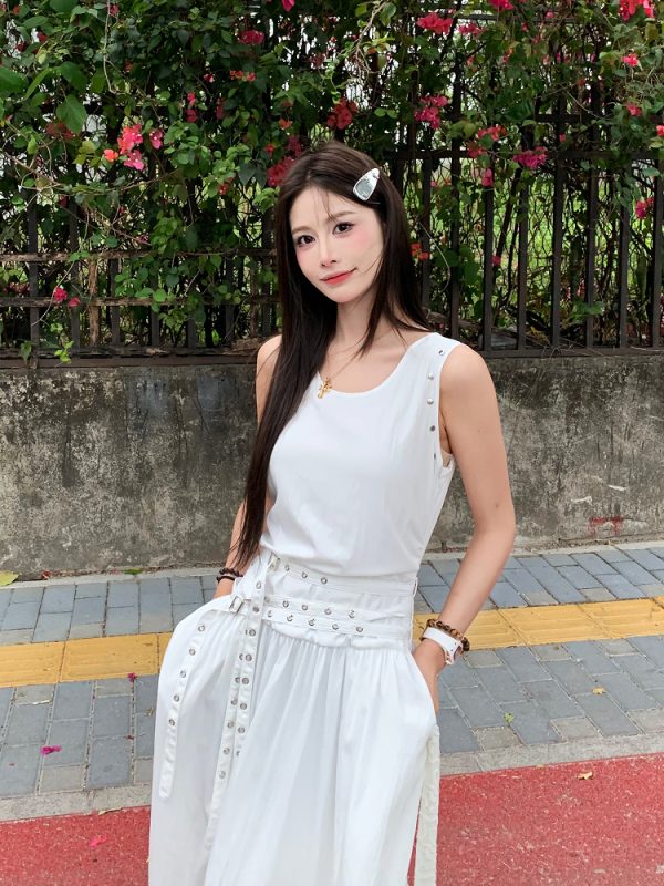 Slimming Studded Waist Belt Dress for Women - White Sleeveless Tank Dress with Long Skirt - Elegant Temperament Style