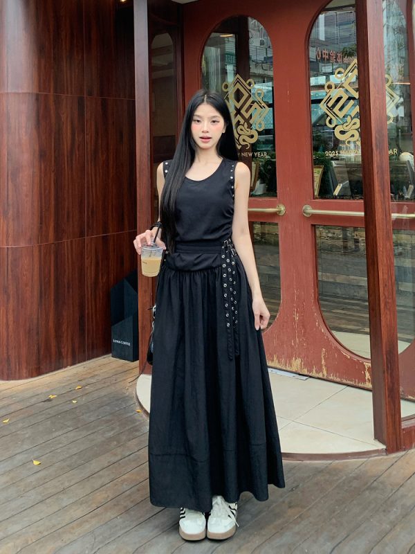 Slimming Studded Waist Belt Dress for Women - White Sleeveless Tank Dress with Long Skirt - Elegant Temperament Style