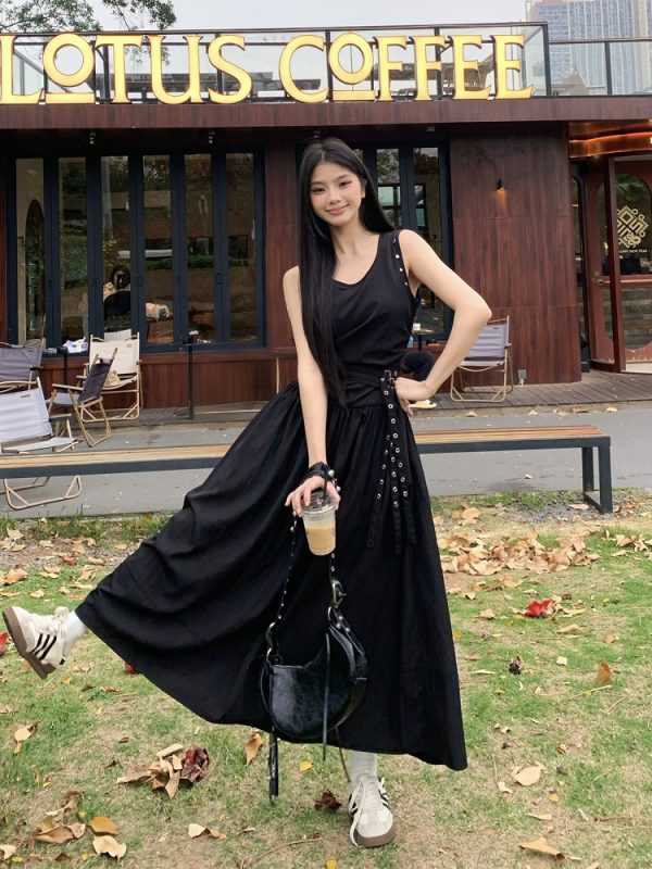 Slimming Studded Waist Belt Dress for Women - White Sleeveless Tank Dress with Long Skirt - Elegant Temperament Style