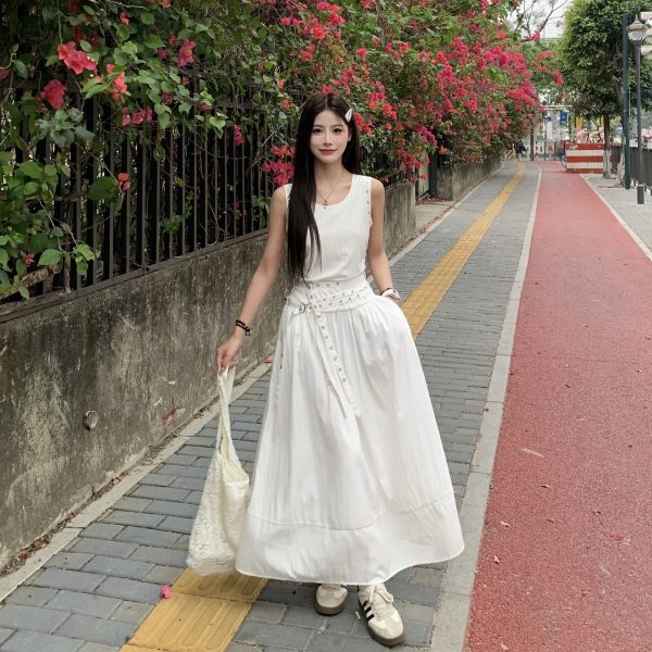 Slimming Studded Waist Belt Dress for Women - White Sleeveless Tank Dress with Long Skirt - Elegant Temperament Style