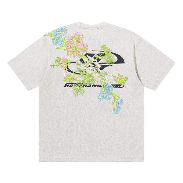 Smoke Gray Short Sleeve T-Shirt with Floral Embroidery - Chinese Style Streetwear for Couples - Trendy 90s Inspired Fashion