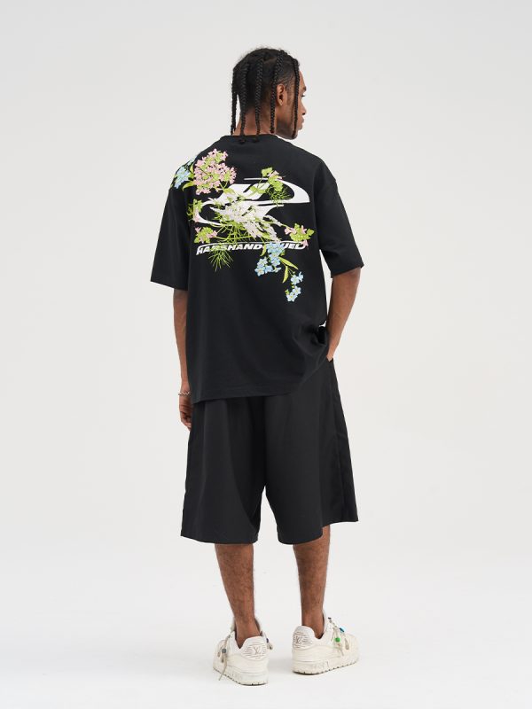 Smoke Gray Short Sleeve T-Shirt with Floral Embroidery - Chinese Style Streetwear for Couples - Trendy 90s Inspired Fashion