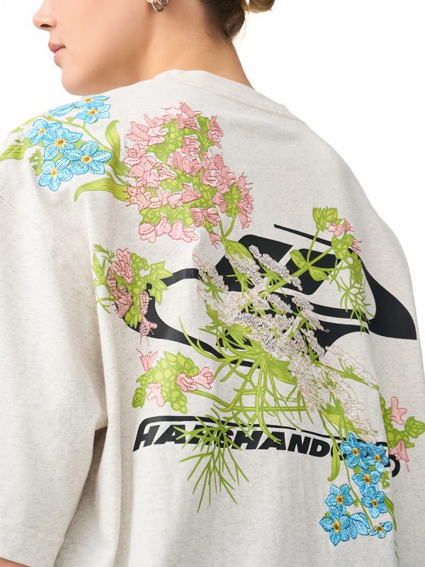 Smoke Gray Short Sleeve T-Shirt with Floral Embroidery - Chinese Style Streetwear for Couples - Trendy 90s Inspired Fashion