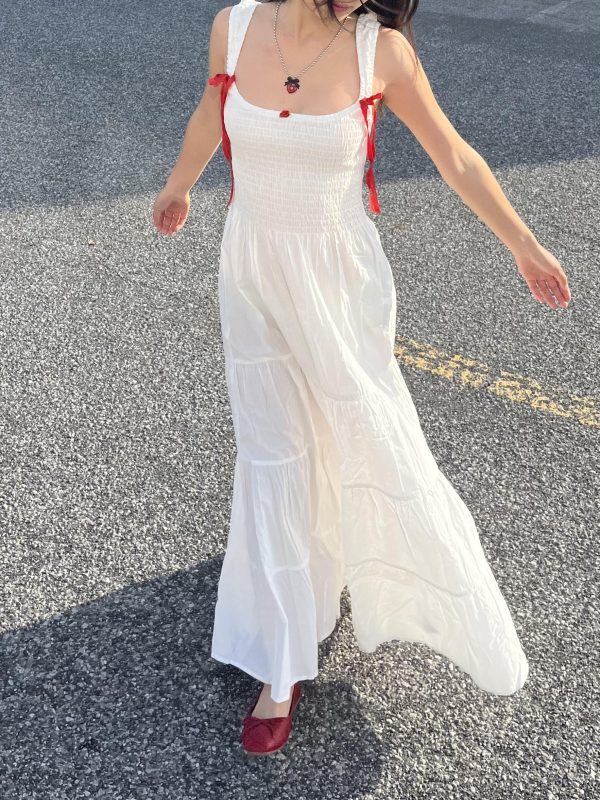 Solid Color Red Bow Tie Flowing Shoulder-Exposing Dress for Women - Spring/Summer 2025, Elegant 90s Y2K Style