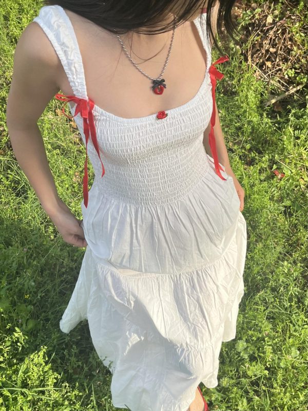Solid Color Red Bow Tie Flowing Shoulder-Exposing Dress for Women - Spring/Summer 2025, Elegant 90s Y2K Style