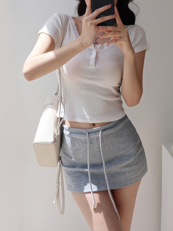 Solid Color Ribbed Jacquard Short T-Shirt for Women - Sweet Lace Trim Round Neck Short Sleeve Top - Versatile Summer Style