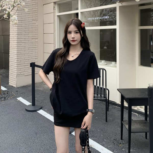 Solid Color Short Sleeve V-Neck T-Shirt for Women - Loose Fit, Versatile Summer Top, 2025 New Arrival, Casual Essential
