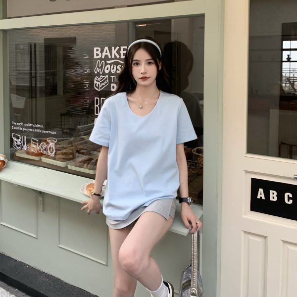 Solid Color Short Sleeve V-Neck T-Shirt for Women - Loose Fit, Versatile Summer Top, 2025 New Arrival, Casual Essential