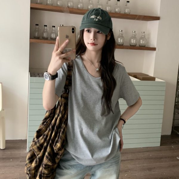 Solid Color Short Sleeve V-Neck T-Shirt for Women - Loose Fit, Versatile Summer Top, 2025 New Arrival, Casual Essential