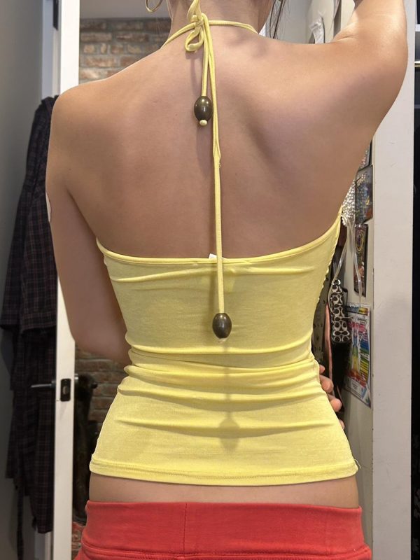 Solid Color Sleeveless Neck Tie Women's Top with Ear-Shaped Chest Design - Minimalist Dopamine Vest for Y2K and Korean Style Fashion