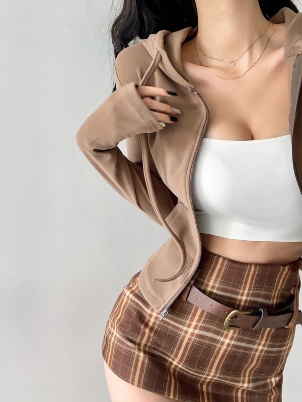 Solid Color Slim Fit Hooded Zip-Up Sweatshirt for Women - Basic Autumn Winter Outerwear, Flattering American Style