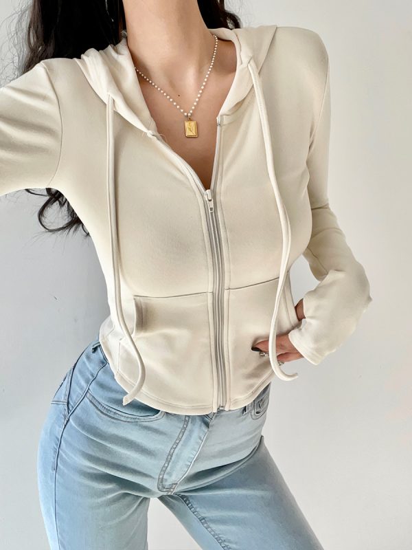Solid Color Slim Fit Hooded Zip-Up Sweatshirt for Women - Basic Autumn Winter Outerwear, Flattering American Style
