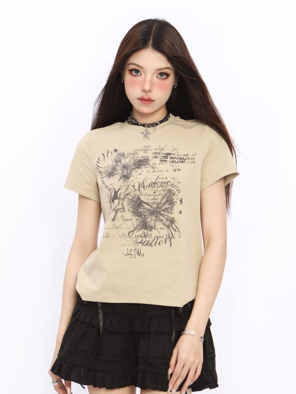 Spicy Girl Butterfly Design Cropped T-Shirt - American Style Short Sleeve Slim Fit Top for Women - Summer 2024 Fashion
