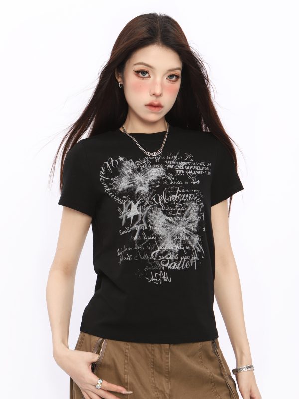Spicy Girl Butterfly Design Cropped T-Shirt - American Style Short Sleeve Slim Fit Top for Women - Summer 2024 Fashion