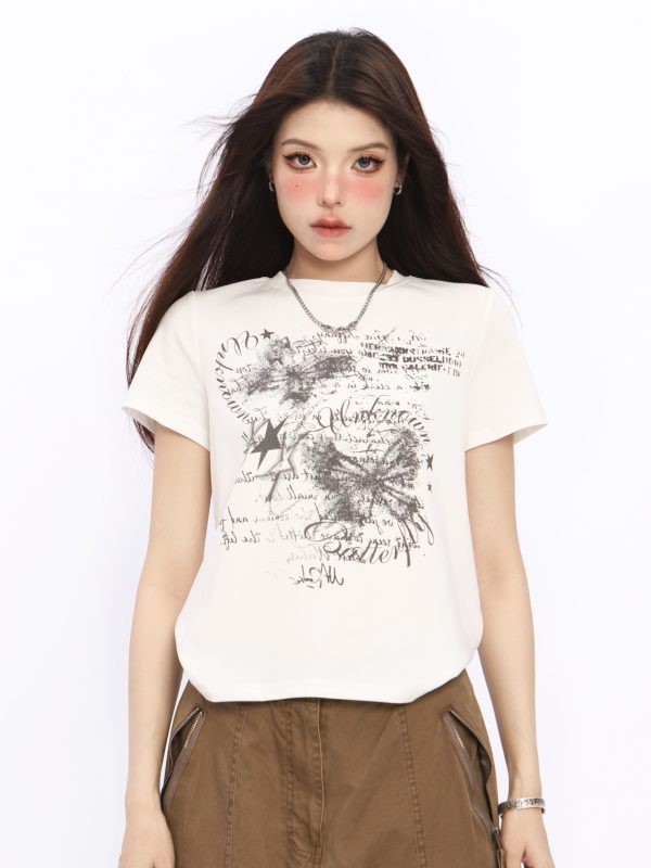 Spicy Girl Butterfly Design Cropped T-Shirt - American Style Short Sleeve Slim Fit Top for Women - Summer 2024 Fashion