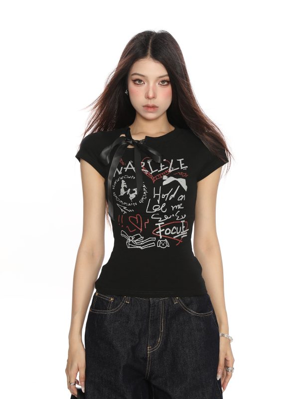 Spicy Girl Design Strap Shoulder Short Sleeve T-Shirt for Women - Slim Fit Summer Top, American Style Trendy Fashion