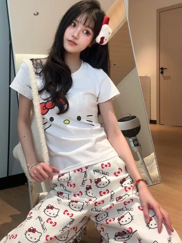 Spicy Girl Kitty Cat Print White Short Sleeve T-Shirt for Women - Summer Round Neck Slim Fit Sweet Flattering Top