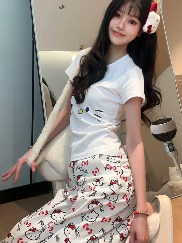 Spicy Girl Kitty Cat Print White Short Sleeve T-Shirt for Women - Summer Round Neck Slim Fit Sweet Flattering Top