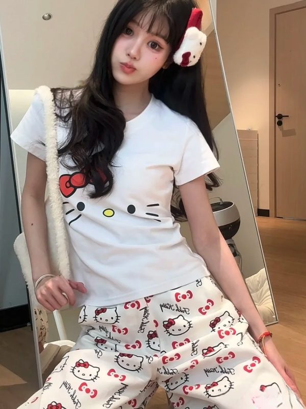 Spicy Girl Kitty Cat Print White Short Sleeve T-Shirt for Women - Summer Round Neck Slim Fit Sweet Flattering Top